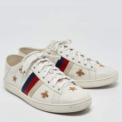 Pre Owned Gucci White Leather Star and Bee Embroidered Ace Sneakers Size 39.5