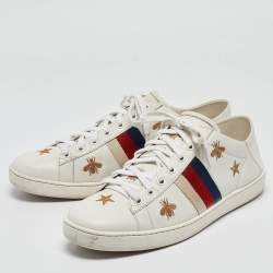 Pre Owned Gucci White Leather Star and Bee Embroidered Ace Sneakers Size 39.5