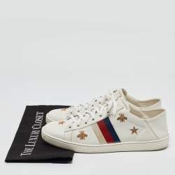 Pre Owned Gucci White Leather Star and Bee Embroidered Ace Sneakers Size 39.5