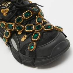 Gucci Black/Grey Leather And Mesh Flashtrek Removable Crystals Sneaker Size 38.5