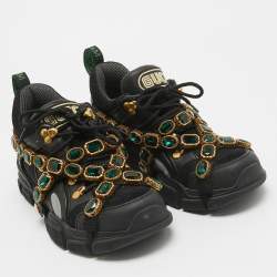 Gucci Black/Grey Leather And Mesh Flashtrek Removable Crystals Sneaker Size 38.5