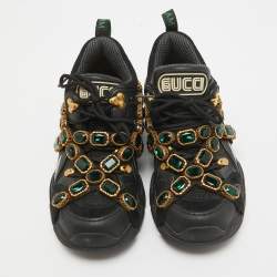Gucci Black/Grey Leather And Mesh Flashtrek Removable Crystals Sneaker Size 38.5