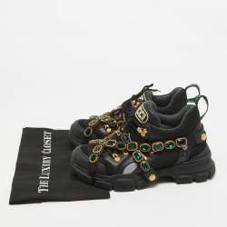 Gucci Black/Grey Leather And Mesh Flashtrek Removable Crystals Sneaker Size 38.5