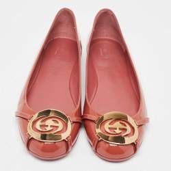 Pre Owned Gucci Brown Patent Leather GG interlocking Buckle Ballet Flats Size 38.5