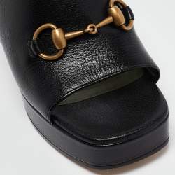Pre Owned Gucci Black Leather Horsebit Platform Slide Sandals Size 37.5