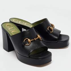 Pre Owned Gucci Black Leather Horsebit Platform Slide Sandals Size 37.5