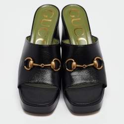 Pre Owned Gucci Black Leather Horsebit Platform Slide Sandals Size 37.5