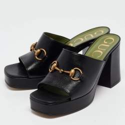 Pre Owned Gucci Black Leather Horsebit Platform Slide Sandals Size 37.5