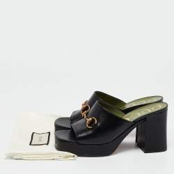 Pre Owned Gucci Black Leather Horsebit Platform Slide Sandals Size 37.5