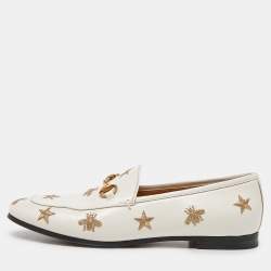 Pre Owned Gucci Cream Leather Jordaan Embroidered Bee Horsebit Slip On Loafers Size 38