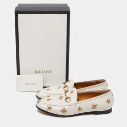 Pre Owned Gucci Cream Leather Jordaan Embroidered Bee Horsebit Slip On Loafers Size 38