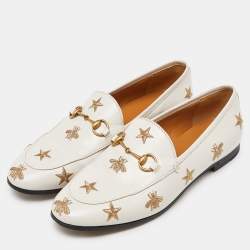 Pre Owned Gucci Cream Leather Jordaan Embroidered Bee Horsebit Slip On Loafers Size 38