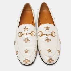 Pre Owned Gucci Cream Leather Jordaan Embroidered Bee Horsebit Slip On Loafers Size 38