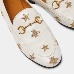 Pre Owned Gucci Cream Leather Jordaan Embroidered Bee Horsebit Slip On Loafers Size 38