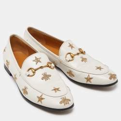 Pre Owned Gucci Cream Leather Jordaan Embroidered Bee Horsebit Slip On Loafers Size 38