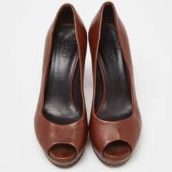 Gucci Brown Leather Peep Toe Platform Pumps Size 36.5