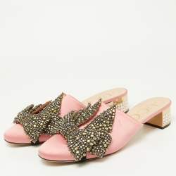 Pre Owned Gucci Pink Satin Crystal Embellished Bow Mules Size 41.5