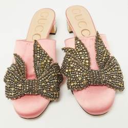 Pre Owned Gucci Pink Satin Crystal Embellished Bow Mules Size 41.5