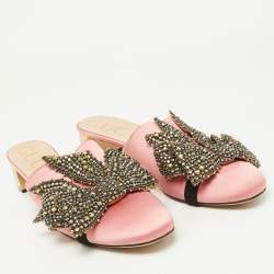 Pre Owned Gucci Pink Satin Crystal Embellished Bow Mules Size 41.5