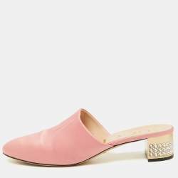 Pre Owned Gucci Pink Satin Crystal Embellished Bow Mules Size 41.5
