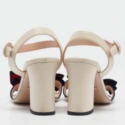 مملوكة مسبقًا Gucci Cream Leather Web Bow Flower Block Heel Ankle Strap Sandals Size 39