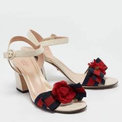 مملوكة مسبقًا Gucci Cream Leather Web Bow Flower Block Heel Ankle Strap Sandals Size 39