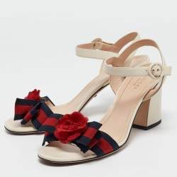 مملوكة مسبقًا Gucci Cream Leather Web Bow Flower Block Heel Ankle Strap Sandals Size 39