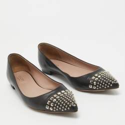 Pre Owned Gucci Black Leather Studded Cap Toe Ballet Flats Size 37