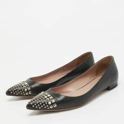 Pre Owned Gucci Black Leather Studded Cap Toe Ballet Flats Size 37