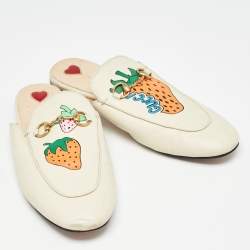 Gucci Cream Leather Strawberry Print Princetown Flat Mules Size 39