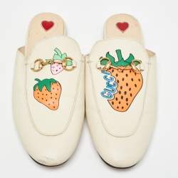 Gucci Cream Leather Strawberry Print Princetown Flat Mules Size 39