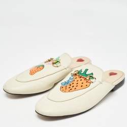 Gucci Cream Leather Strawberry Print Princetown Flat Mules Size 39