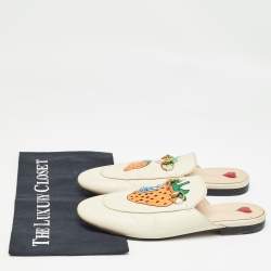 Gucci Cream Leather Strawberry Print Princetown Flat Mules Size 39