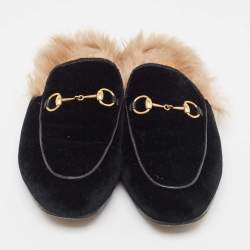 Gucci Black Velvet Fur Lined Princetown Flat Mules Size 39