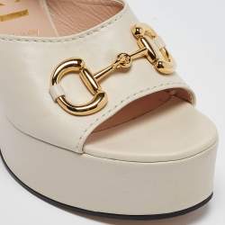 Gucci Cream Leather Horsebit Platform Block Heel Ankle Strap Sandals Size 40