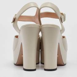 Gucci Cream Leather Horsebit Platform Block Heel Ankle Strap Sandals Size 40