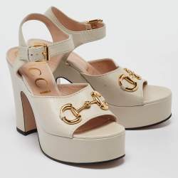 Gucci Cream Leather Horsebit Platform Block Heel Ankle Strap Sandals Size 40