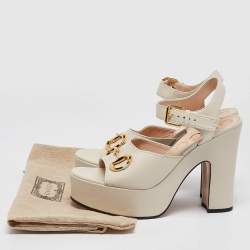 Gucci Cream Leather Horsebit Platform Block Heel Ankle Strap Sandals Size 40