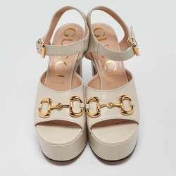 Gucci Cream Leather Horsebit Platform Block Heel Ankle Strap Sandals Size 40