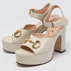 Gucci Cream Leather Horsebit Platform Block Heel Ankle Strap Sandals Size 40