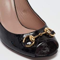 Pre Owned Gucci Black GG Patent Leather Horsebit Peep Toe Pumps Size 38.5