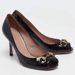 Pre Owned Gucci Black GG Patent Leather Horsebit Peep Toe Pumps Size 38.5