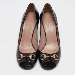 Pre Owned Gucci Black GG Patent Leather Horsebit Peep Toe Pumps Size 38.5