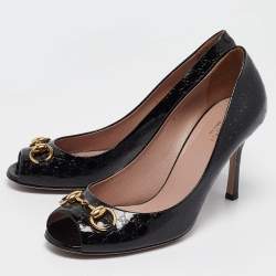 Pre Owned Gucci Black GG Patent Leather Horsebit Peep Toe Pumps Size 38.5