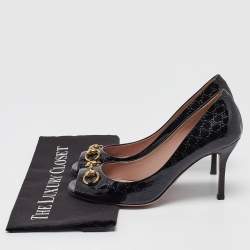 Pre Owned Gucci Black GG Patent Leather Horsebit Peep Toe Pumps Size 38.5