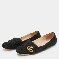 Pre Owned Gucci Black Suede GG Marmont Fringe Ballet Flats Size 40