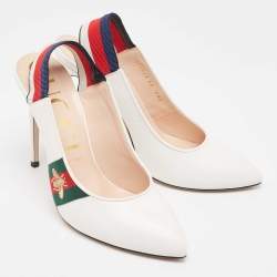 Pre Owned Gucci White Leather Web Detail Sylvie Slingback Pumps Size 40