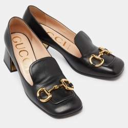 Gucci Black Leather Horsebit Block Heel Pumps Size 38.5