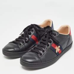 Gucci Black Leather Embroidered Bee Ace Sneakers Size 38