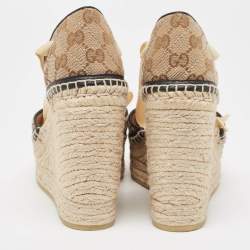 Gucci Beige/Black Canvas GG Marmont Wedge Sandals Size 36